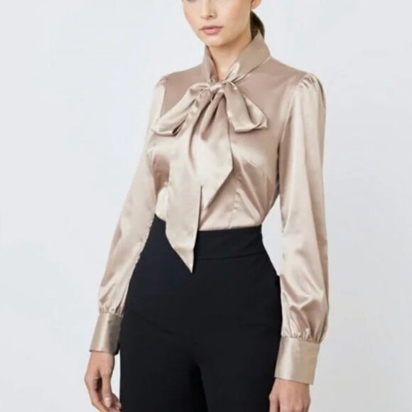 Hawes & Curtis Chic Work Office Teal Satin Blouse with Kitten Bow US Size 10 - Picture 3 of 4